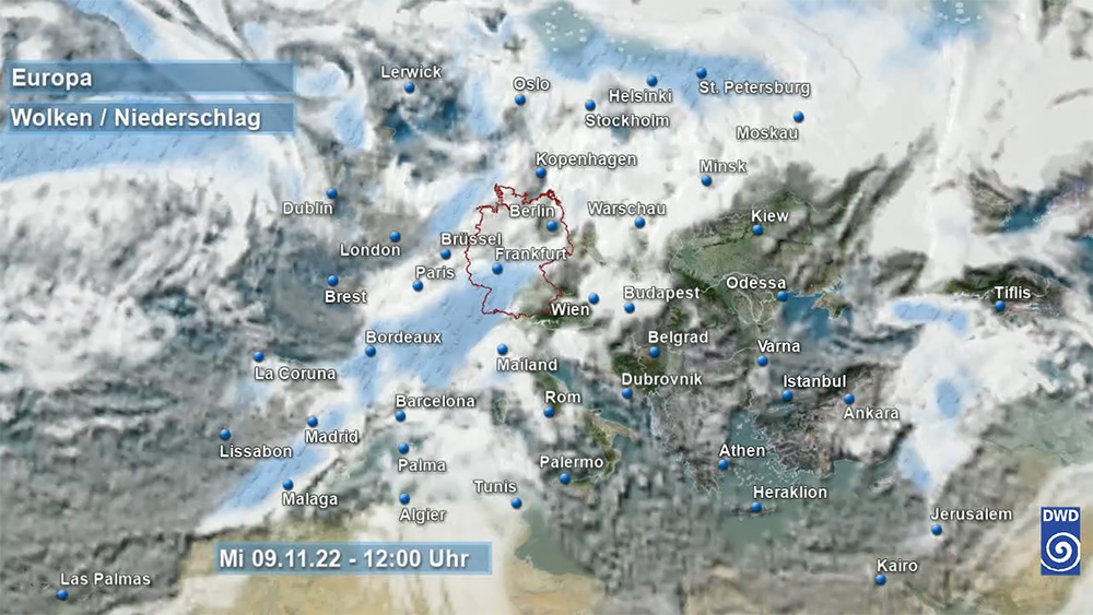 Real-time visualization of clouds and precipitation in Europe