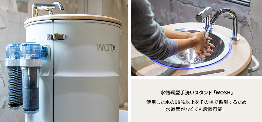 水循環型手洗いスタンド「WOSH」 使用した水の98％以上をその場で循環するため水道管がなくても設置可能。