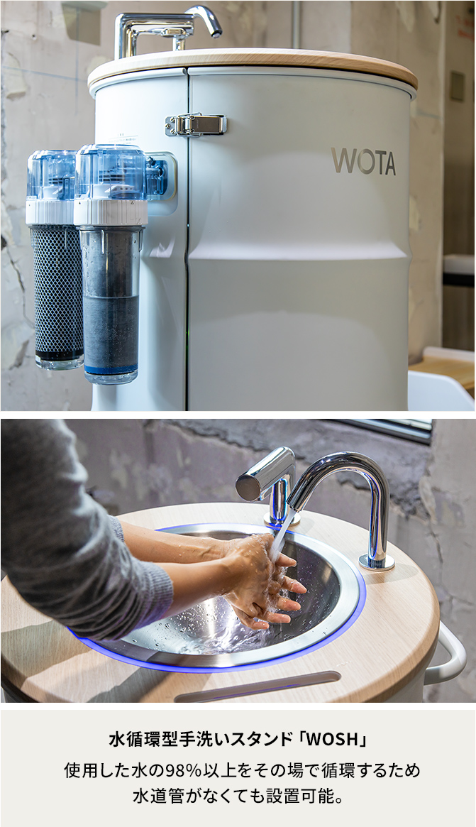 水循環型手洗いスタンド「WOSH」 使用した水の98％以上をその場で循環するため水道管がなくても設置可能。